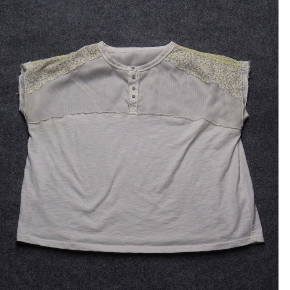 Boho Mixed Media Henley Top Floral Lace Striped Raw Edge Cream Short Sleeve